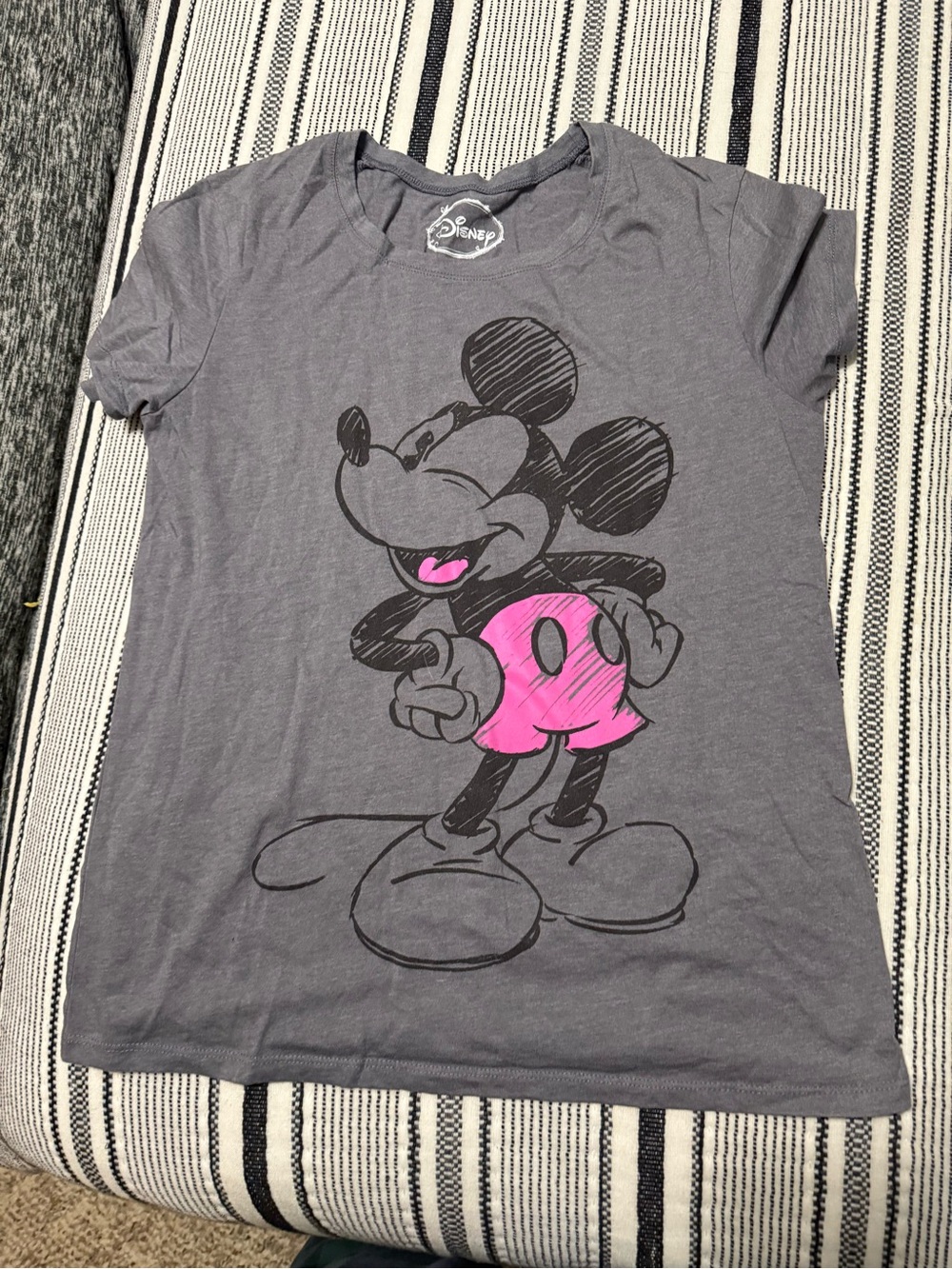 Disney Womans Gray Mickey Mouse Graphic Tee with Pink Accent